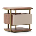 Modern Walnut Nightstand With Gold Metal Frame And Beige Fabric Storage Drawer