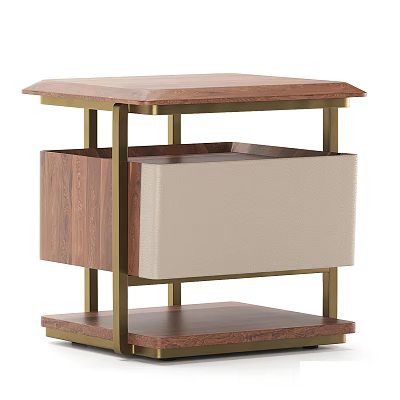 Modern Walnut Nightstand With Gold Metal Frame And Beige Fabric Storage Drawer 3d model