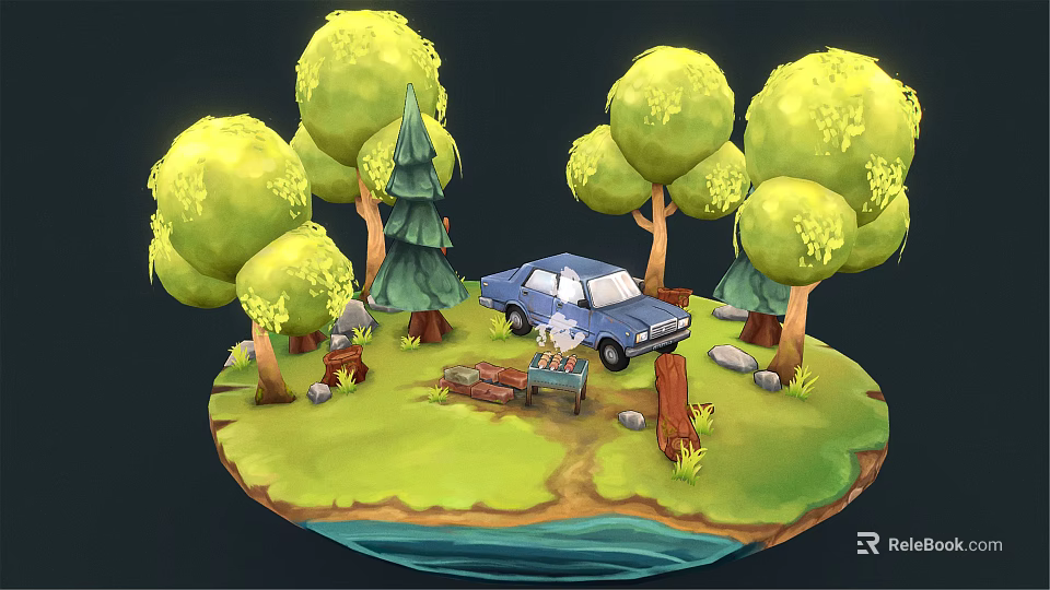 Vibrant Cartoon Scene With Green Trees Blue Car Small Character Grassland And Water Area 3d model 