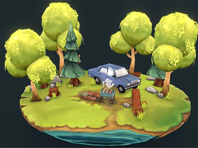 Vibrant Cartoon Scene With Green Trees Blue Car Small Character Grassland And Water Area 3d model