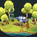 Vibrant Cartoon Scene With Green Trees Blue Car Small Character Grassland And Water Area