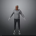 Man in Gray Hoodie Black Pants and Black White Sneakers with Glasses on Gray Background
