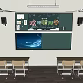 Classroom Interior With Green Blackboard Projection Screen Welcome Banner And Wooden Desks