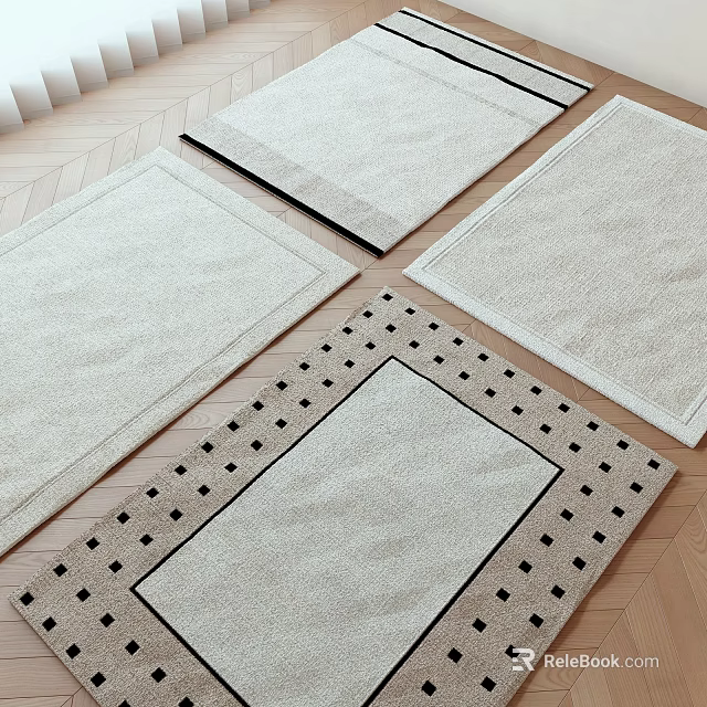 Square Rugs With Various Designs On Wooden Floor 3d model 
