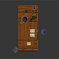 Traditional Wooden Writing Desk Featuring Open Book Green Jar and Purple Stool