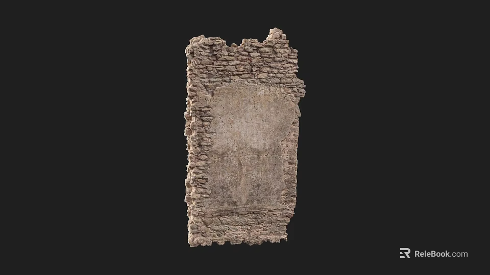 Ancient Ruined Stone Wall With Rough Brickwork And Weathered Texture Isolated On Dark Background 3d model 