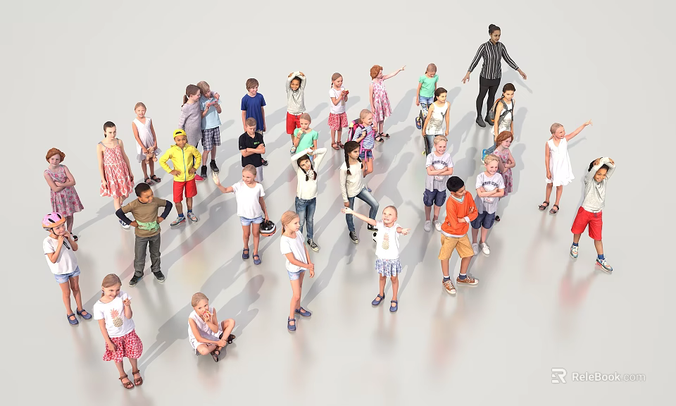 Group of Children and Adult Standing Together With Different Poses And Actions 3d model 