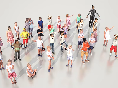 Group of Children and Adult Standing Together With Different Poses And Actions 3d model
