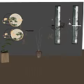 Modern Wall Decor Set With Circular LED Lights And Long Framed Landscape Prints 3d model