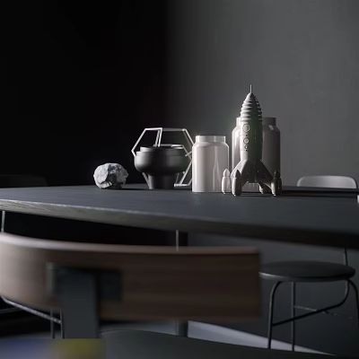 Dining Table Set With Rocket Model Hexagonal Metal Container White Jar Gray Stone And Chair 3d model
