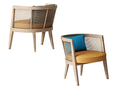 Wooden Frame Dining Chairs With Rattan Backrest Yellow Cushion And Blue Pillow 3d model