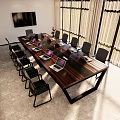 Modern Conference Room Interior With Long Wooden Table Black Chairs Skylight Ceiling And Large Windows