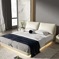 Modern Bedroom Interior Design With Beige Headboard Gray Bedding Black Throw And Marble Wall