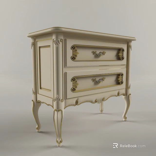 Classic Ornate Bedside Table With Ivory Finish Gold Accents Two Drawers And Curved Legs 3d model 