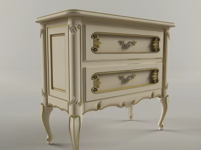 Classic Ornate Bedside Table With Ivory Finish Gold Accents Two Drawers And Curved Legs 3d model