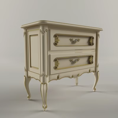 Classic Ornate Bedside Table With Ivory Finish Gold Accents Two Drawers And Curved Legs 3d model