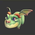 Cute Green Dragon Game Movie Character with Purple Eyes Orange Horns and Colorful Wings
