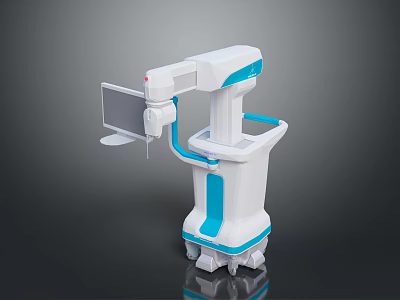 White And Blue Mobile Medical Equipment With Display Screen And Mechanical Arm 3d model