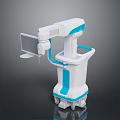 White And Blue Mobile Medical Equipment With Display Screen And Mechanical Arm
