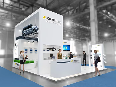 DORREN MES Exhibition Booth White Modern Design With Display Screen Staff And Visitors 3d model
