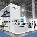 DORREN MES Exhibition Booth White Modern Design With Display Screen Staff And Visitors