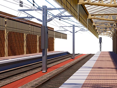 Train Station Platform With Rail Tracks Canopy Red Brick Walls And Signal Lights 3d model