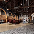 Warm Restaurant Interior With Wooden Ceiling Arched Doors Brick Walls Bar Counter And Pendant Lights