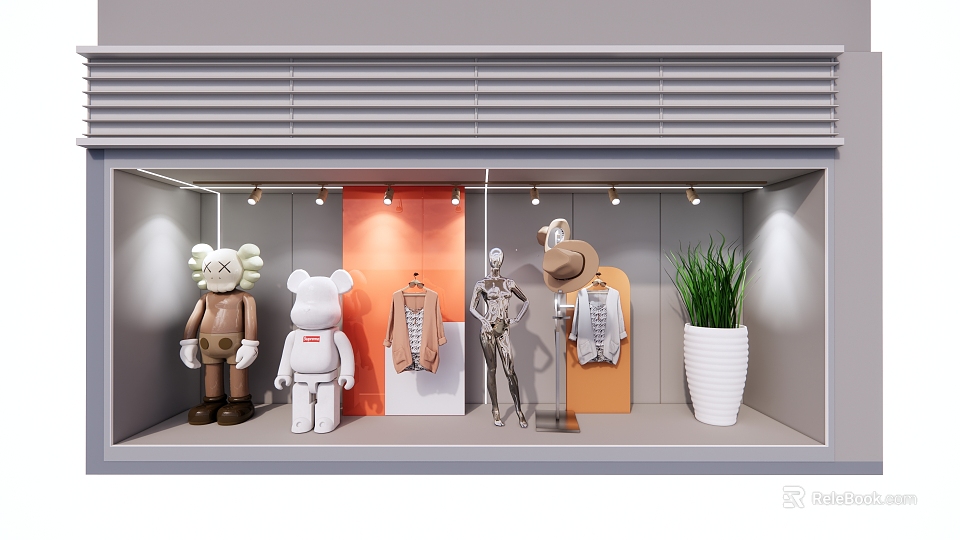 Fashion Retail Store Window Display With Art Toys Clothing Mannequins And Potted Plant 3d model 