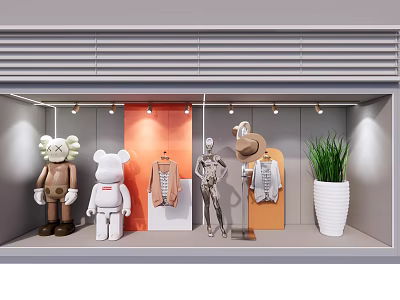 Fashion Retail Store Window Display With Art Toys Clothing Mannequins And Potted Plant 3d model