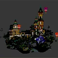 Ancient Architecture Castle On Floating Island With Blue Spires Green Trees Colorful Hot Air Balloons