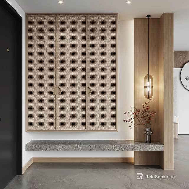 Minimalist Modern Entryway Hallway Interior With Wooden Cabinet Pendant Light And Stone Countertop 3d model 