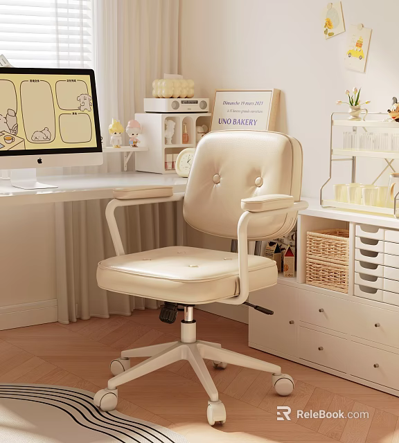 Modern Beige Leather Office Chair In Cozy Home Office Space With Armrests And Computer Desk 3d model 
