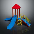 Playground Equipment With Red Roof Blue Slides Yellow Railings Tower Structure And Stairs