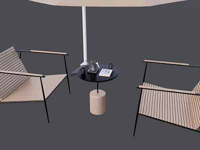 Modern Wooden Outdoor Table With Metal Frame Chairs Umbrella Coffee Cup And Book 3d model