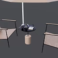 Modern Wooden Outdoor Table With Metal Frame Chairs Umbrella Coffee Cup And Book