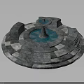 Circular Stone Constructed Fountain With Central Blue Basin Surrounding Steps And Slab Floor