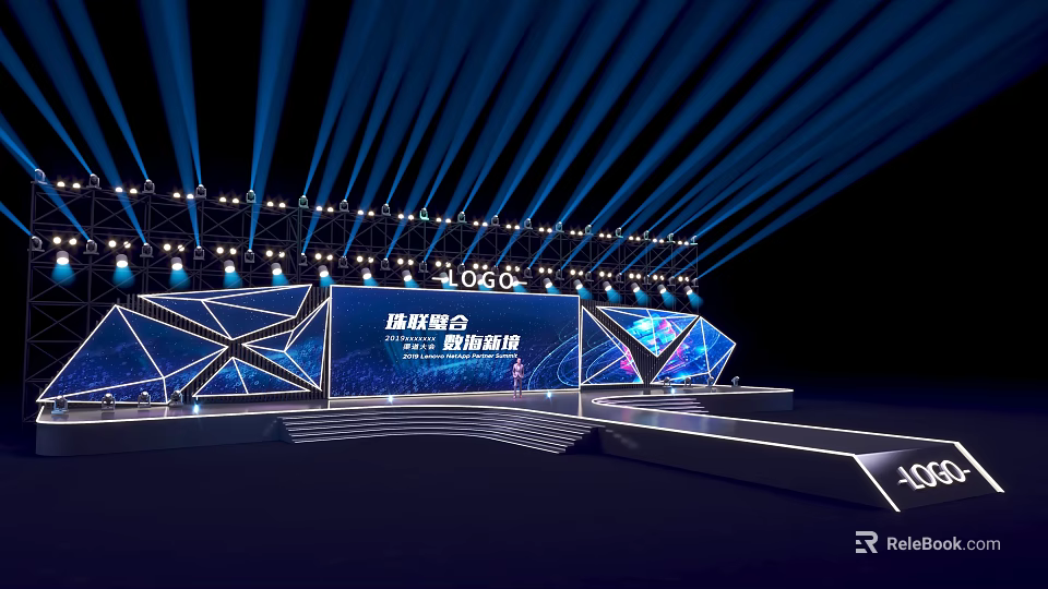 Modern Tech Inspired Stage Design With Blue Lighting And Geometric LED Screens 3d model