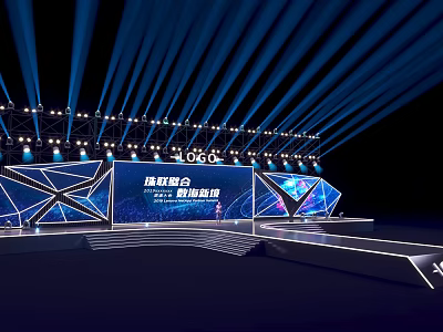 Modern Tech Inspired Stage Design With Blue Lighting And Geometric LED Screens 3d model