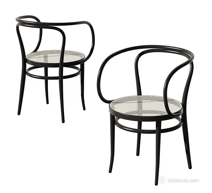 Two Leisure Chairs With Black Curved Armrest Frame And Woven Seat Design 3d model 