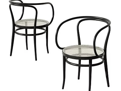 Two Leisure Chairs With Black Curved Armrest Frame And Woven Seat Design 3d model