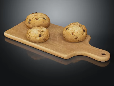 Three Nutty Bread Loaves Placed On Wooden Cutting Board 3d model