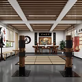 Traditional Martial Arts Fitness Training Room With Wooden Beams Calligraphy Art And Training Posts