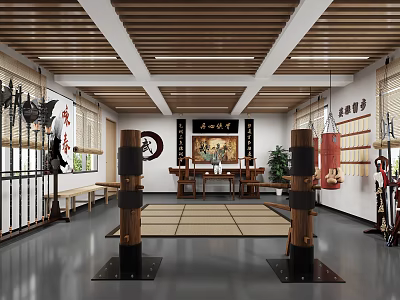 Traditional Martial Arts Fitness Training Room With Wooden Beams Calligraphy Art And Training Posts 3d model