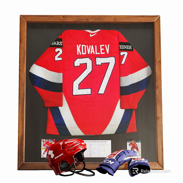Hockey Sports Equipment Framed Display Featuring Kovalev Jersey Number 27 And Helmet 3d model 