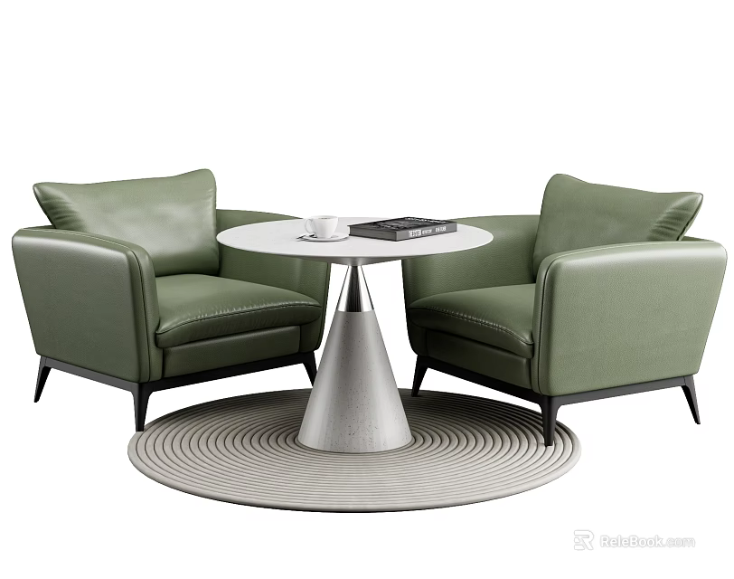 Modern Round Table And Green Leather Chairs Set With Metal Base And Rug 3d model 