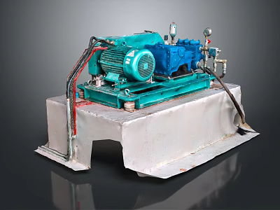 Industrial Blue Green Motor Pump Unit Mounted On Metal Base Structure 3d model
