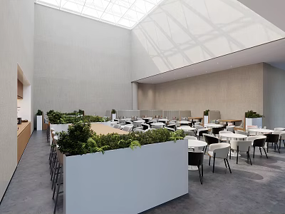 Modern Lounge Area Design With Green Plant Partitions Tables And Natural Light 3d model