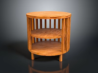Round Wooden Side Table With Two Tier Shelf And Natural Wood Grain Circular Design 3d model