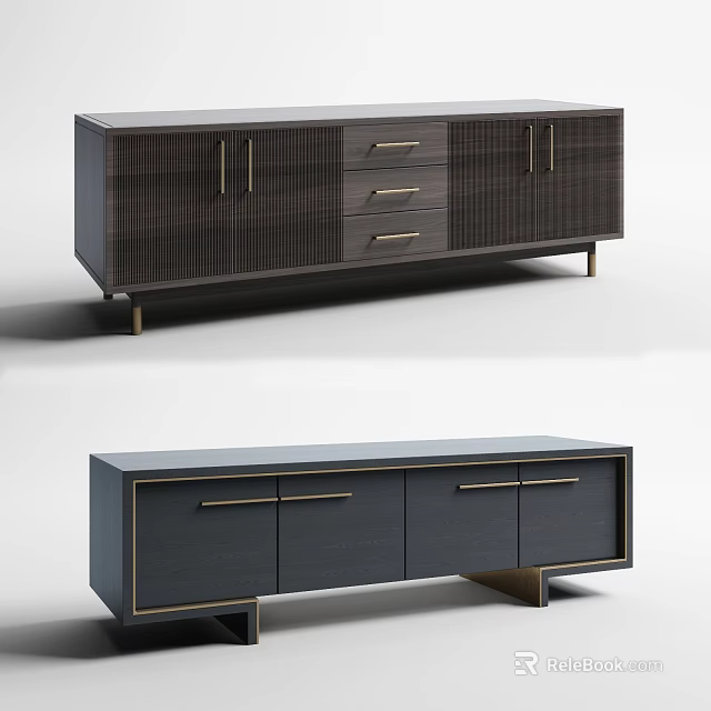 Elegant Modern TV Stand With Dark Wood Finish Golden Handles And Storage Drawers 3d model 
