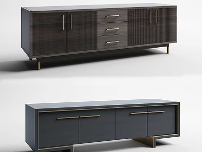 Elegant Modern TV Stand With Dark Wood Finish Golden Handles And Storage Drawers 3d model